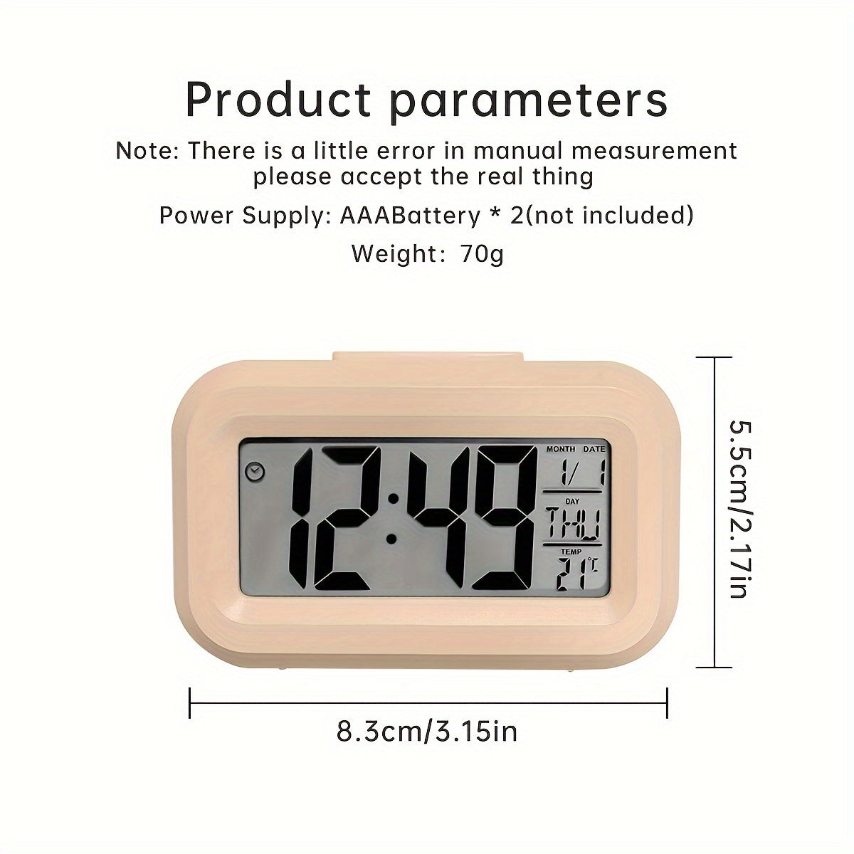 Compact pink mini LED desk clock with backlight, temperature, and calendar. Multifunctional kitchen timer for students. Sleek rectangular design with digital display. Battery-powered (AAA). Minimalist aesthetic.