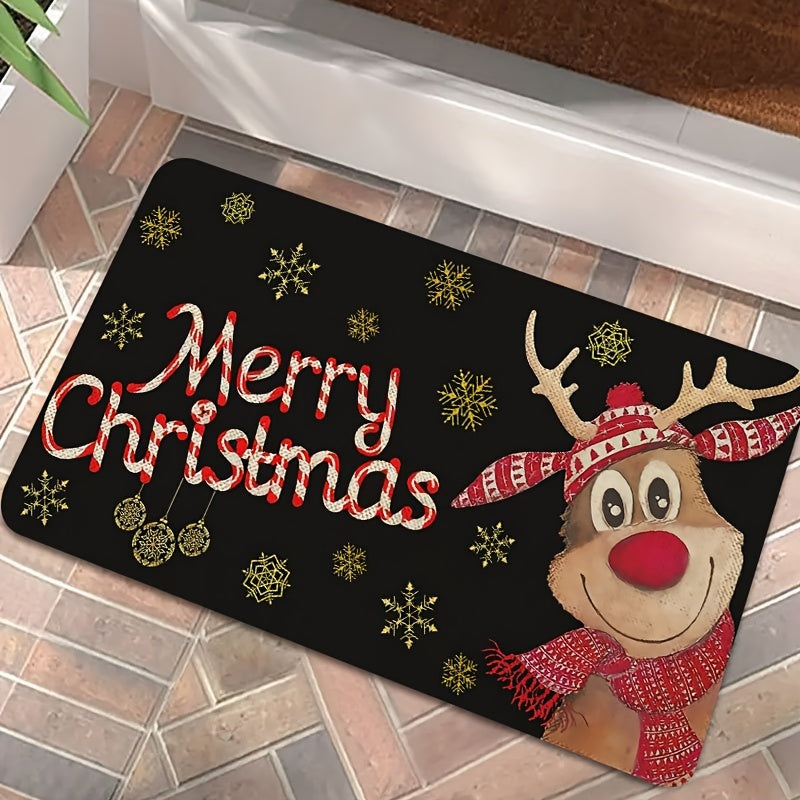 Reindeer-themed Merry Christmas Doormat, Durable Indoor/Outdoor Welcome Mat with Stain-Resistant Low Pile, Easy-to-Clean Machine Washable Polyester Material, Rectangle Shape for Holiday Entrance Decoration