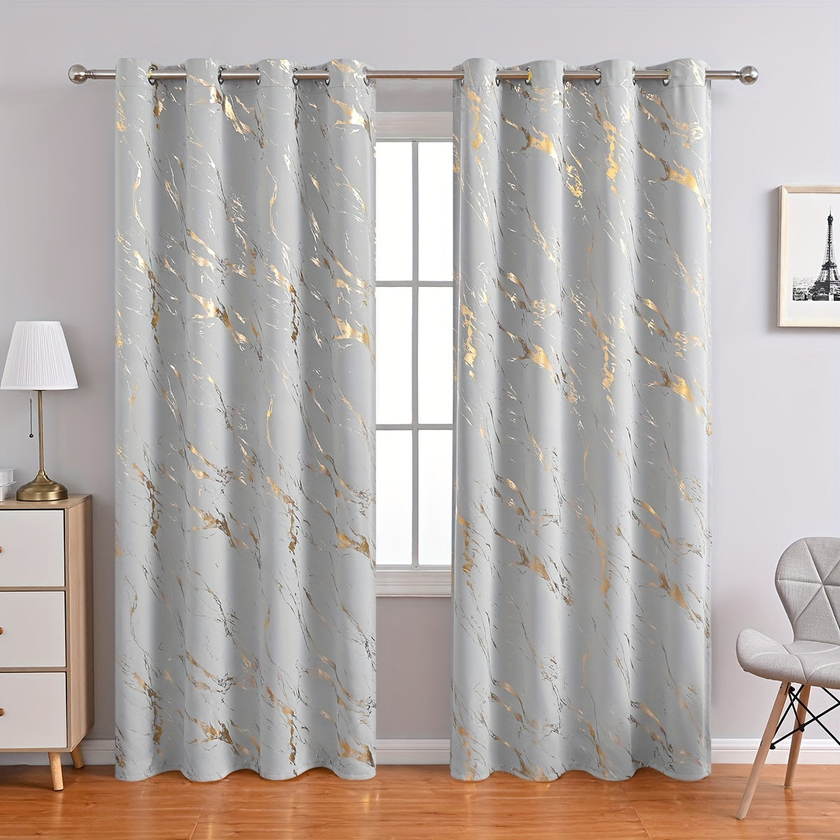 Two pieces of bronzed marble print curtains for bedroom and living room. These blackout and sunscreen curtains are great for home decor.