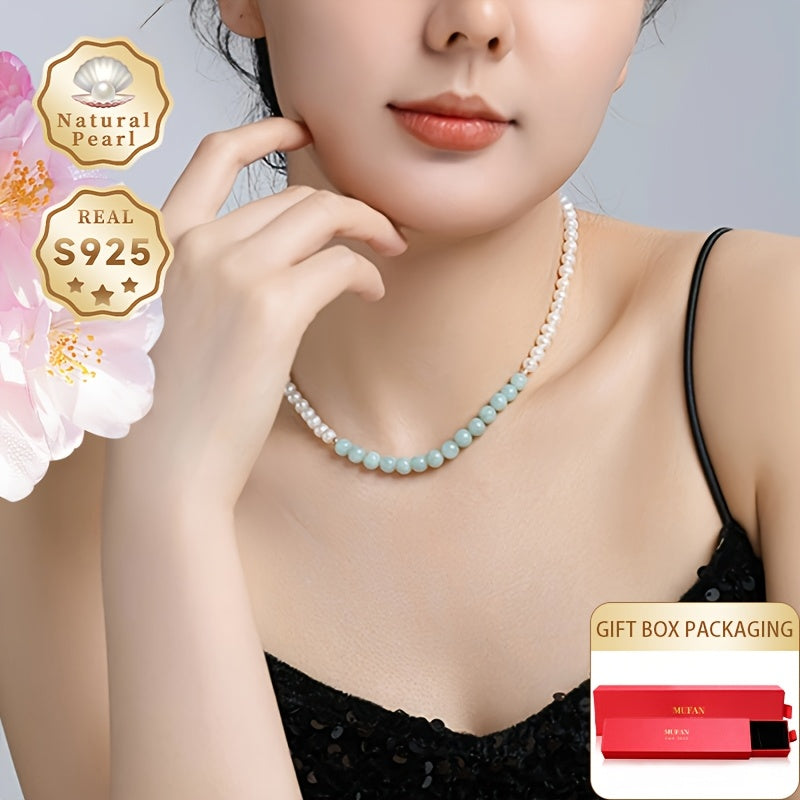 Elegant MUFAN Women's Fashion Pearl Necklace with Natural Freshwater Pearls (5-6mm) in S925 Silver. Adjustable Length and Vintage Style, Perfect for Daily Wear and Gifting. Includes Gift Box and Ideal for June Birthdays.