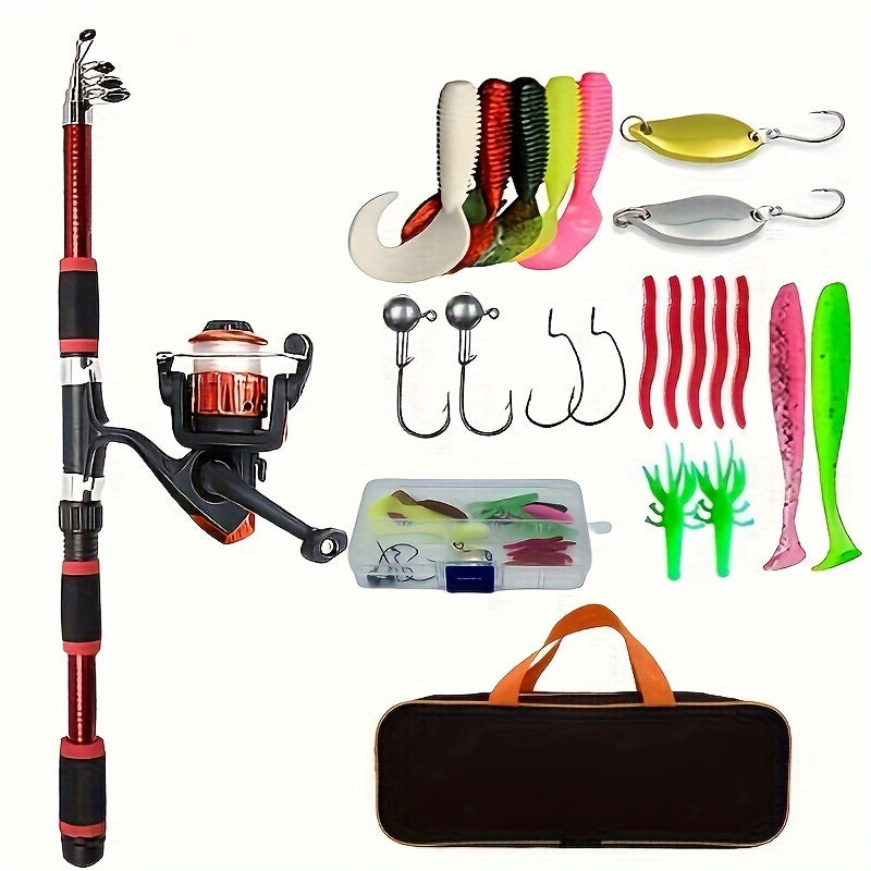 Telescopic fishing rod/spinning reel set with baits, hooks, and storage bag.