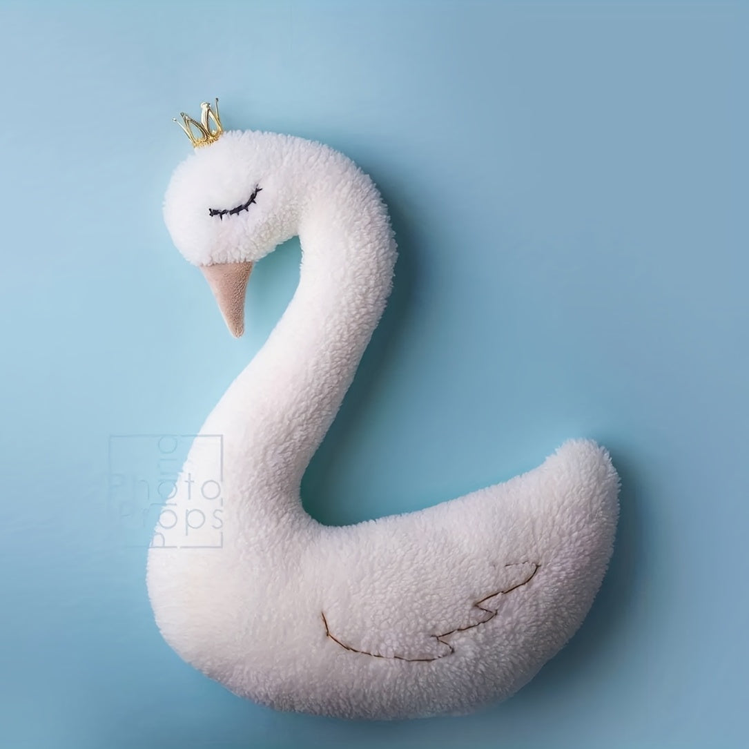 Soft animal cushion, cute photography prop featuring swan photography.