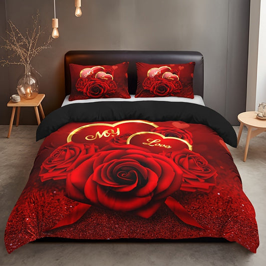 Set the mood for romance with this 3-piece Romantic Red Rose Love Floral Letter Duvet Cover Set, including 1 duvet cover and 2 pillowcases (pillow inserts not included). Featuring Valentine's Day HD printing, this bedding set is perfect for adding a