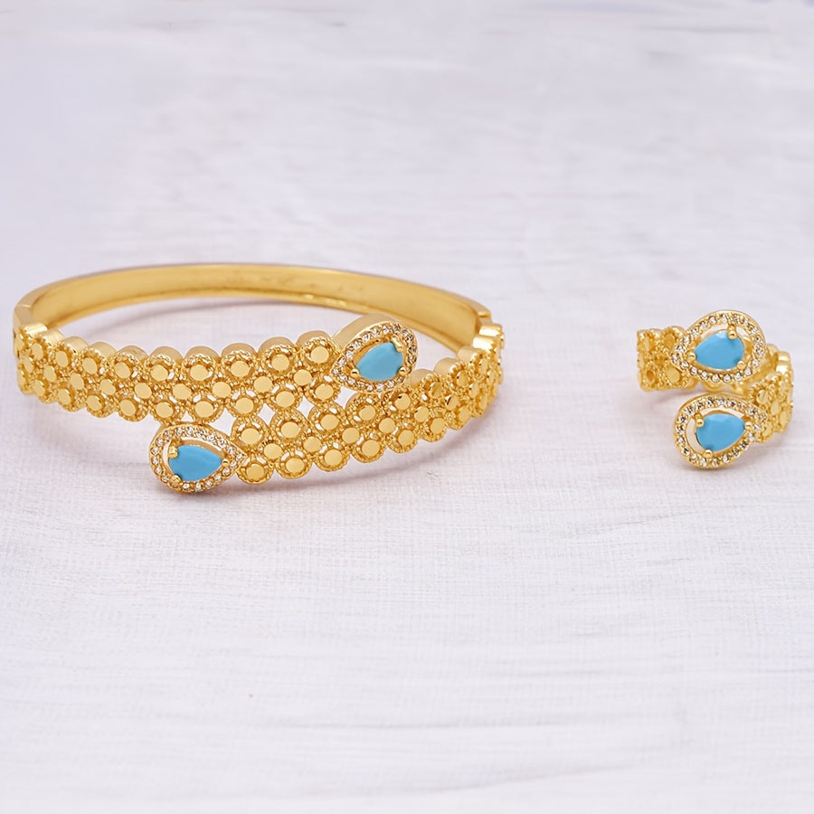 A summer fashion set for women in a Middle Eastern direction, featuring a blue turquoise and zirconia bracelet and ring made of copper. This bohemian style set is perfect for gift giving and daily wear.