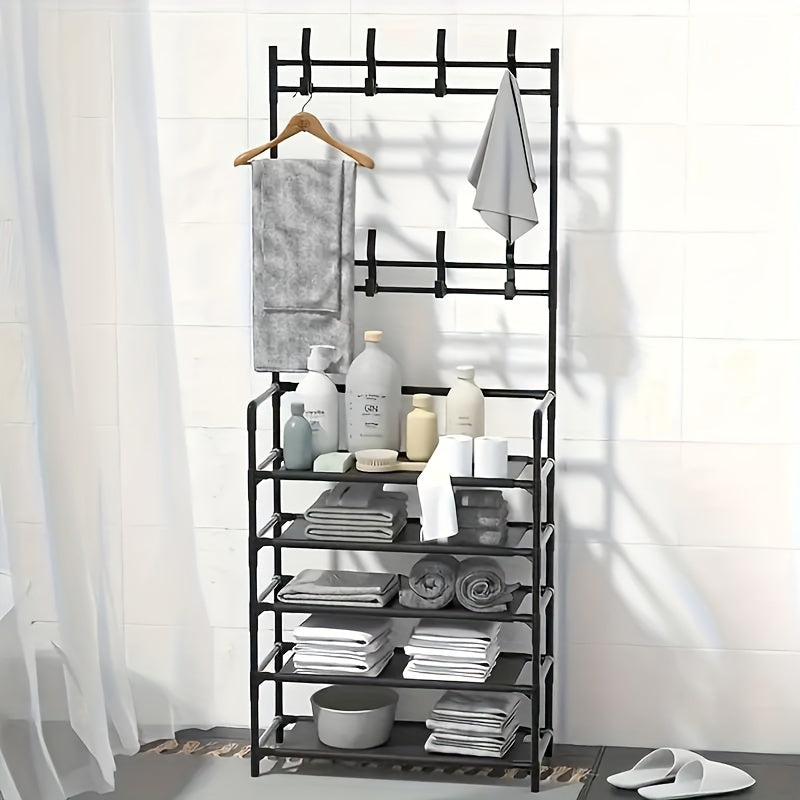 3-in-1 shoe rack with metal hooks and dust cloth, perfect for entrance, living room, or bedroom. Easy to assemble and move, provides sturdy storage.