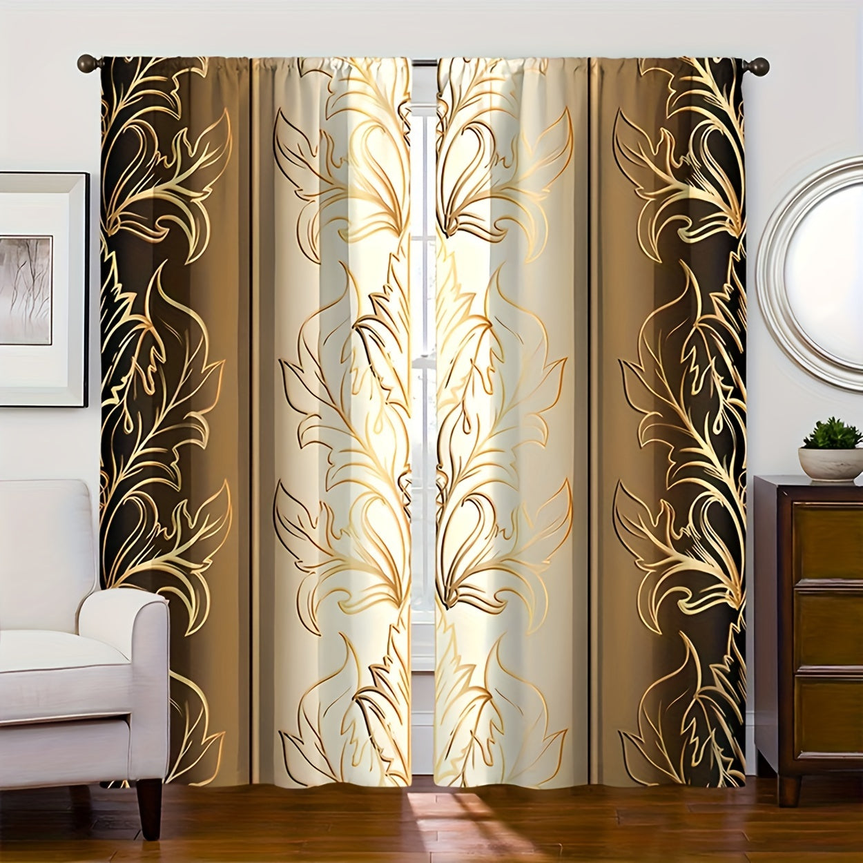 Two pieces of leaf print curtains with rod pocket, perfect for adding a decorative touch to your bedroom or living room. Enhance your home decor with these window treatments that are designed to bring a stylish flair to any room.