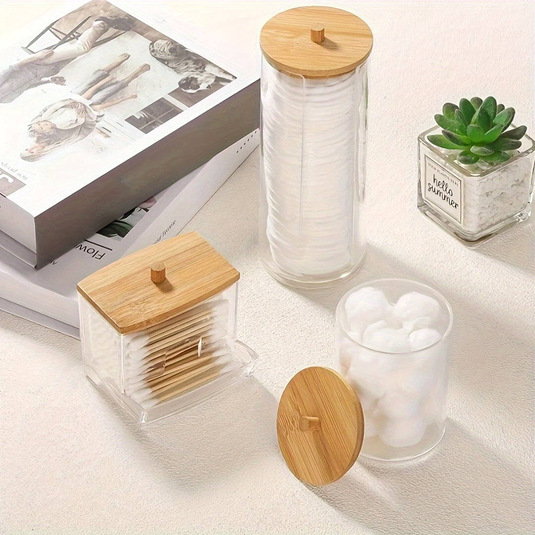 3-piece makeup organizer set with bamboo lids for bathroom vanity, dust-proof and portable with swab and pad holder.