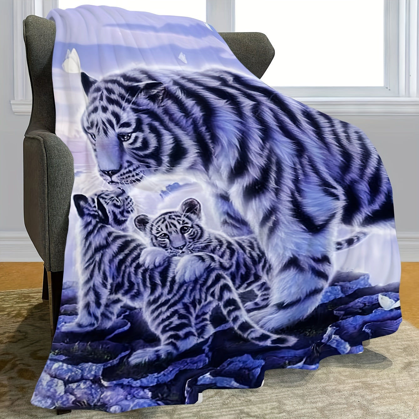 Soft and Quilted Glam Style White Tiger Print Flannel Throw Blanket - Featuring Digital Printing and Knitted Design. Made of Tear & Stain Resistant Polyester, Machine Washable for Easy Care. Versatile All-Season Blanket Perfect for Bedroom, Travel, or