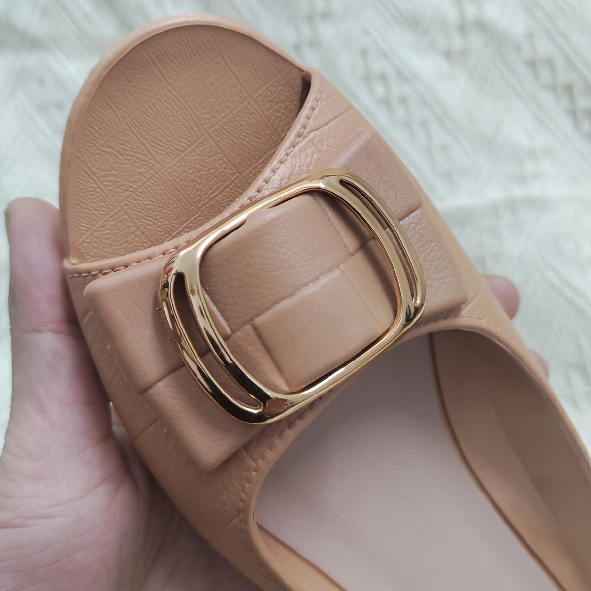 Summer PVC slide sandals for women in chic black with a golden buckle, open toe, and soft non-slip sole for comfortable walking. Breathable and hand-washable with strappy design.