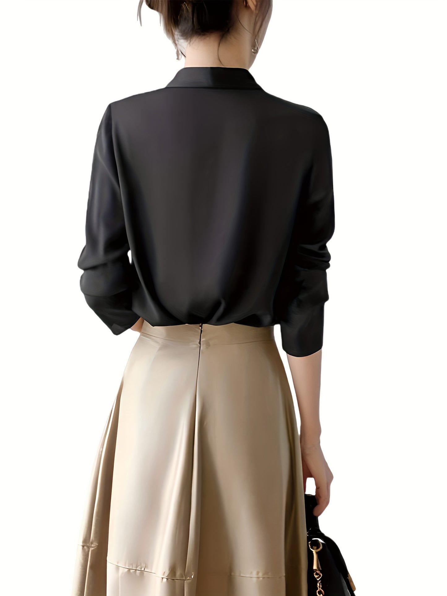 Elegant black long sleeve shirt for women, perfect for all seasons made of non-stretch polyester fabric.