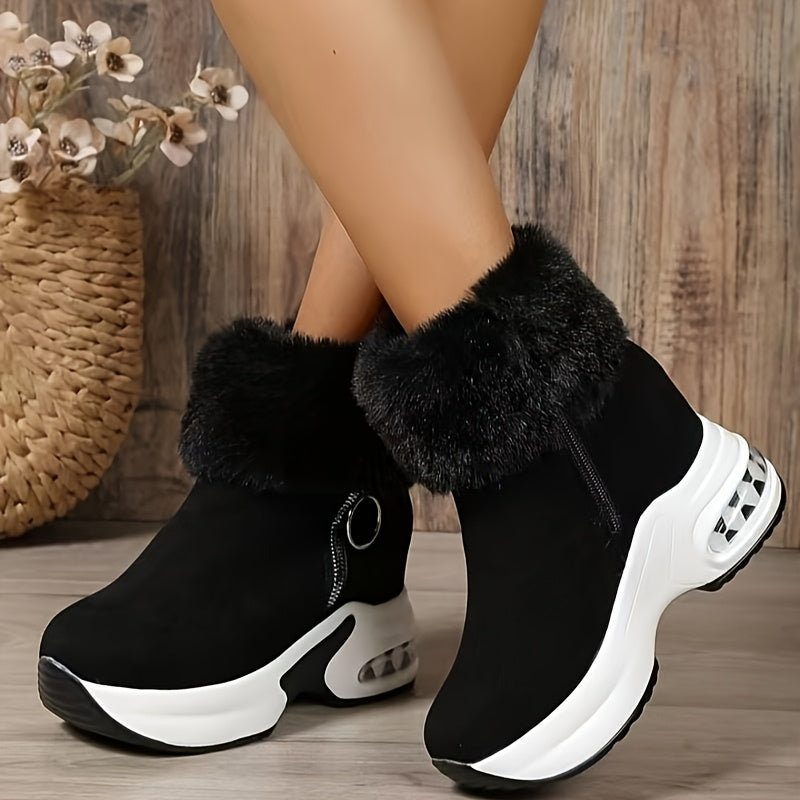 Winter boots for women with fleece lining, cozy and warm, thick sole, side zipper, round toe, mid-heel.