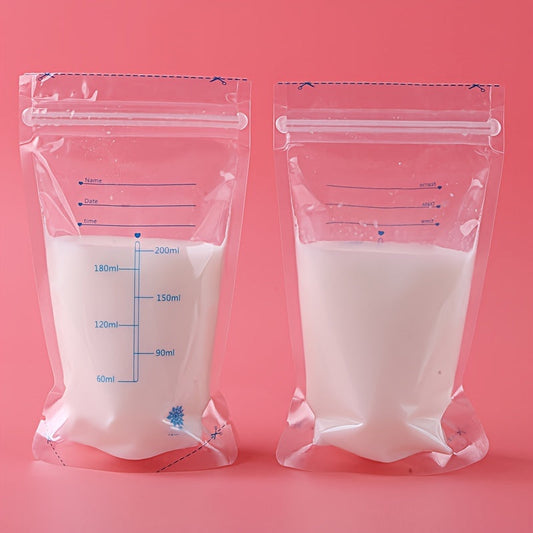 30 breast milk storage bags, each with a capacity of 8.5oz. Made from BPA-Free PP material and pre-sterilized for safety. Features a leakproof double zipper seal and a self-standing design for easy storage. Includes a pour spout for milk transfer during