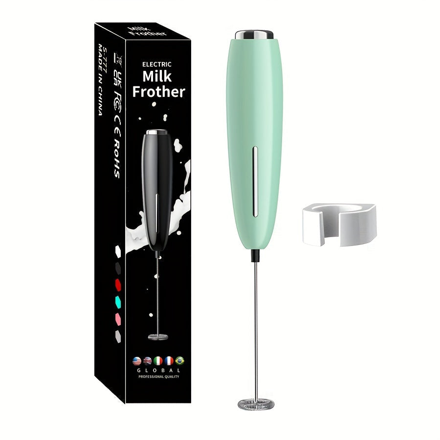 Battery operated handheld milk frother for creating creamy foam in drinks, perfect for coffee and cappuccinos.