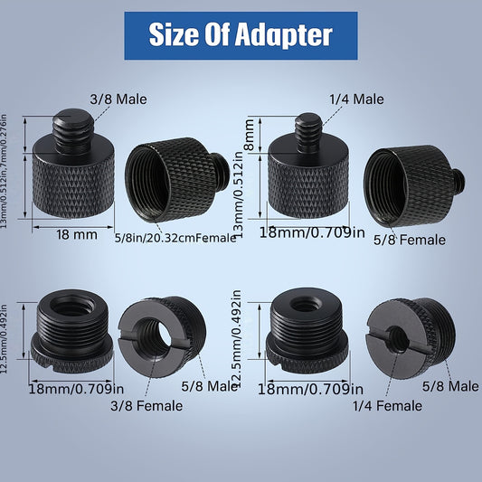 Set of 8 mic stand adapter pieces, featuring various female to male thread sizes for microphone compatibility.