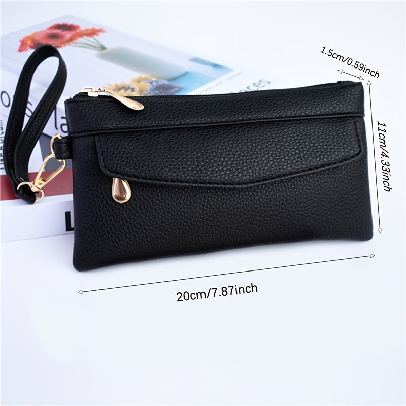 Chic black wristlet clutch with zipper, multi-compartments, golden hardware. Ideal for everyday use.