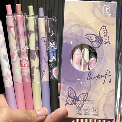 Set of 6 neutral aesthetic pens with black ink, 0.5mm fine tip for smooth writing, dreamy butterfly design ideal for school or office use.