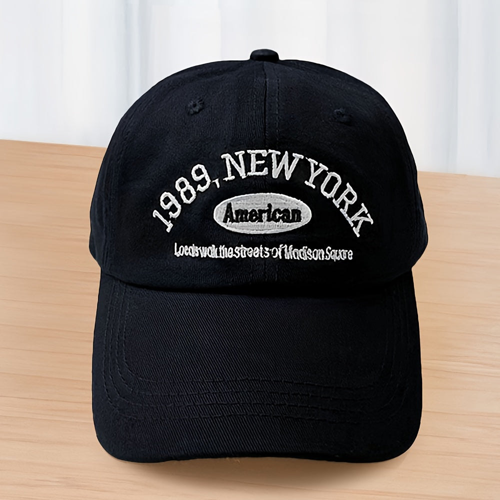 Polyester baseball cap with embroidered 1989 NY lettering. Hand wash only. Lightweight and non-stretch. Suitable for spring or autumn casual wear in a hip-hop style. Unisex design fits all