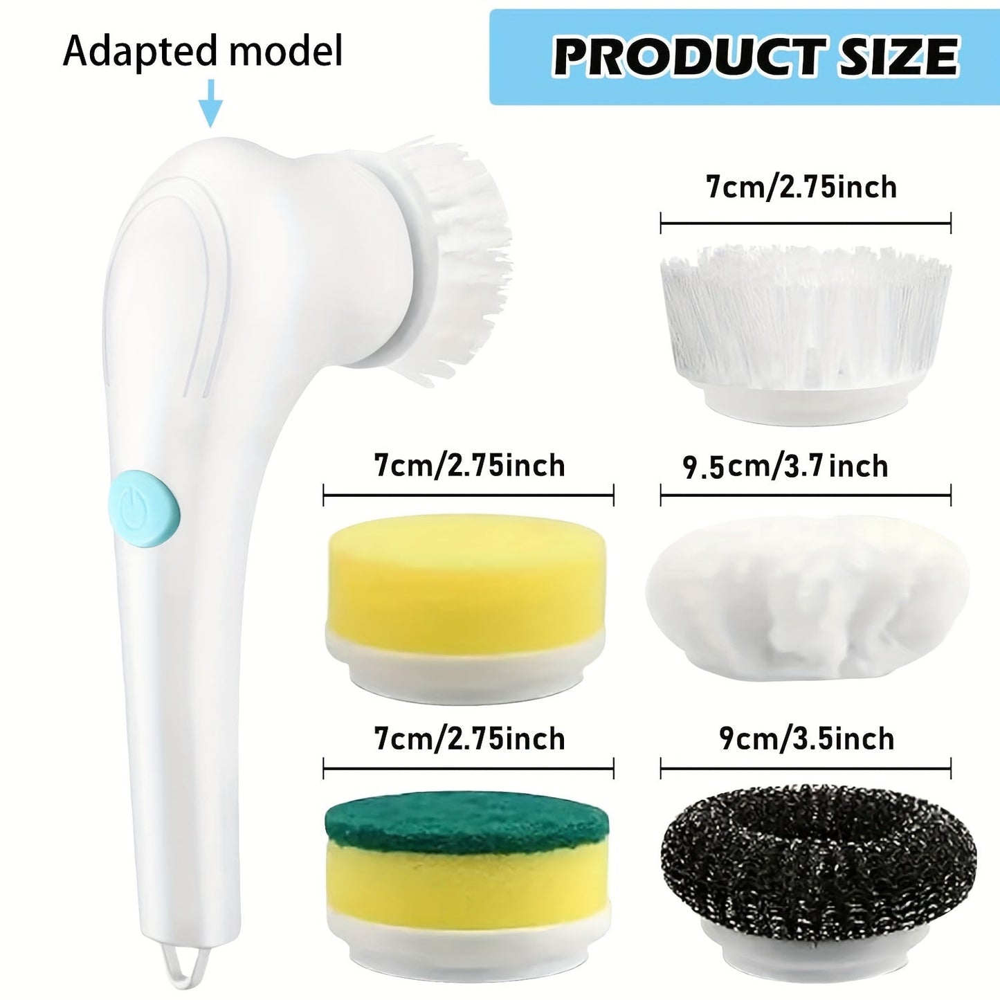 Set of 5 replacement brush heads for an electric spin scrubber, perfect for all-purpose cleaning in the bathroom, kitchen, tub, tile, and shower. No electricity required, manual operation. Great for cleaning floors, living rooms, and more. (Scrubber not