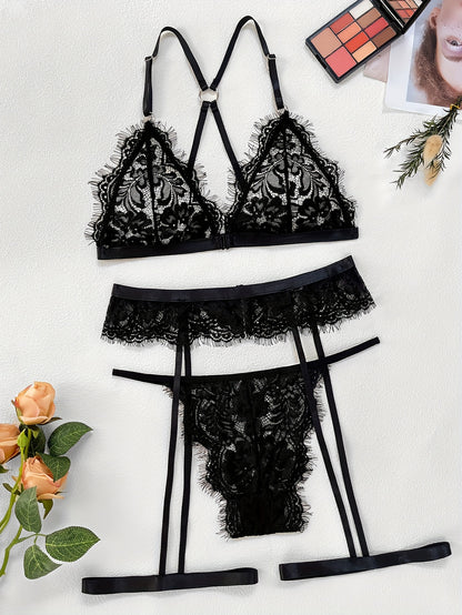 Women's Floral Lace Lingerie Set with Bra, Garter Belt Thong