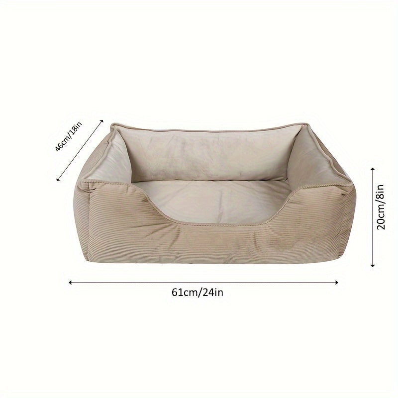 Square pet bed for medium to large dogs, cozy and warm with polyester fiber and pillow cushion, perfect for winter comfort. Beige, non-assemblable design.