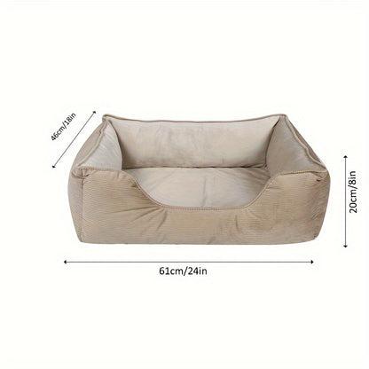 Square pet bed for medium to large dogs, cozy and warm with polyester fiber and pillow cushion, perfect for winter comfort. Beige, non-assemblable design.