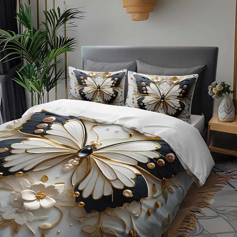 Butterfly floral duvet cover set with animal print, insect theme, and breathable polyester. Includes 1 duvet cover and 2 pillowcases. All-season and machine washable. Digital print