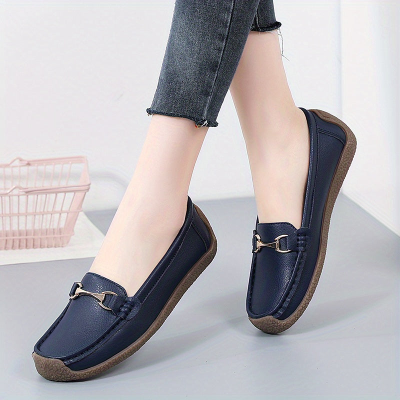 Women's metal decor slip on loafers for casual walking with non-slip flat soles.