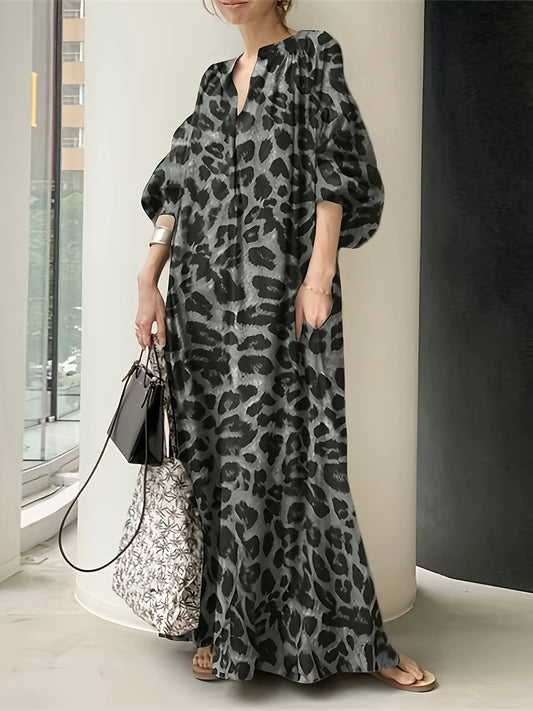 Leopard print notched neck dress with lantern sleeves for spring and fall season.