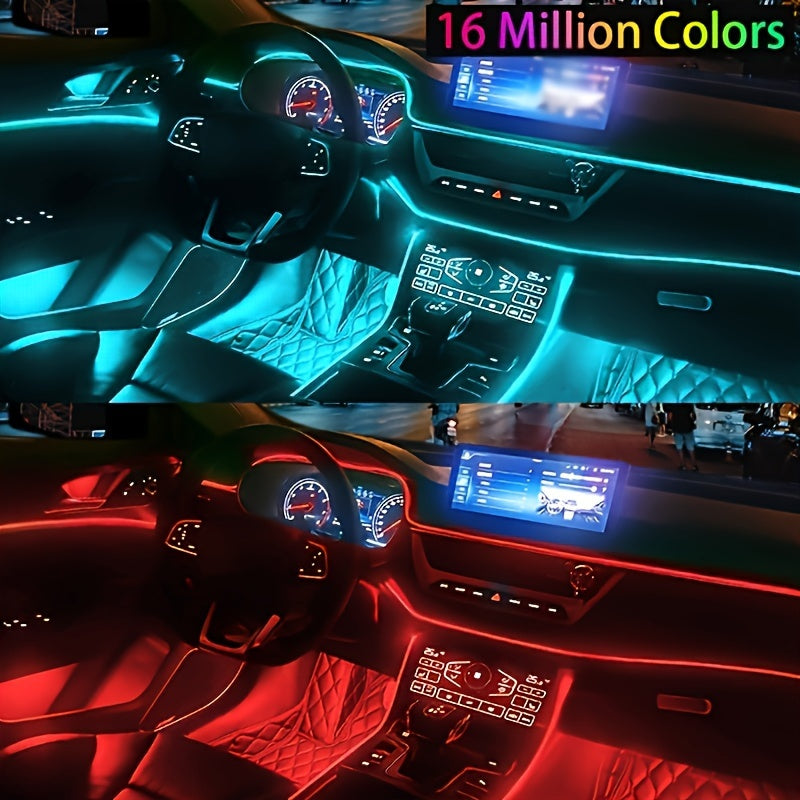 16m RGB LED Car Interior Strip Lights with 16 million colors, wireless app control, music sync lighting, and 6m fiber optic kit.