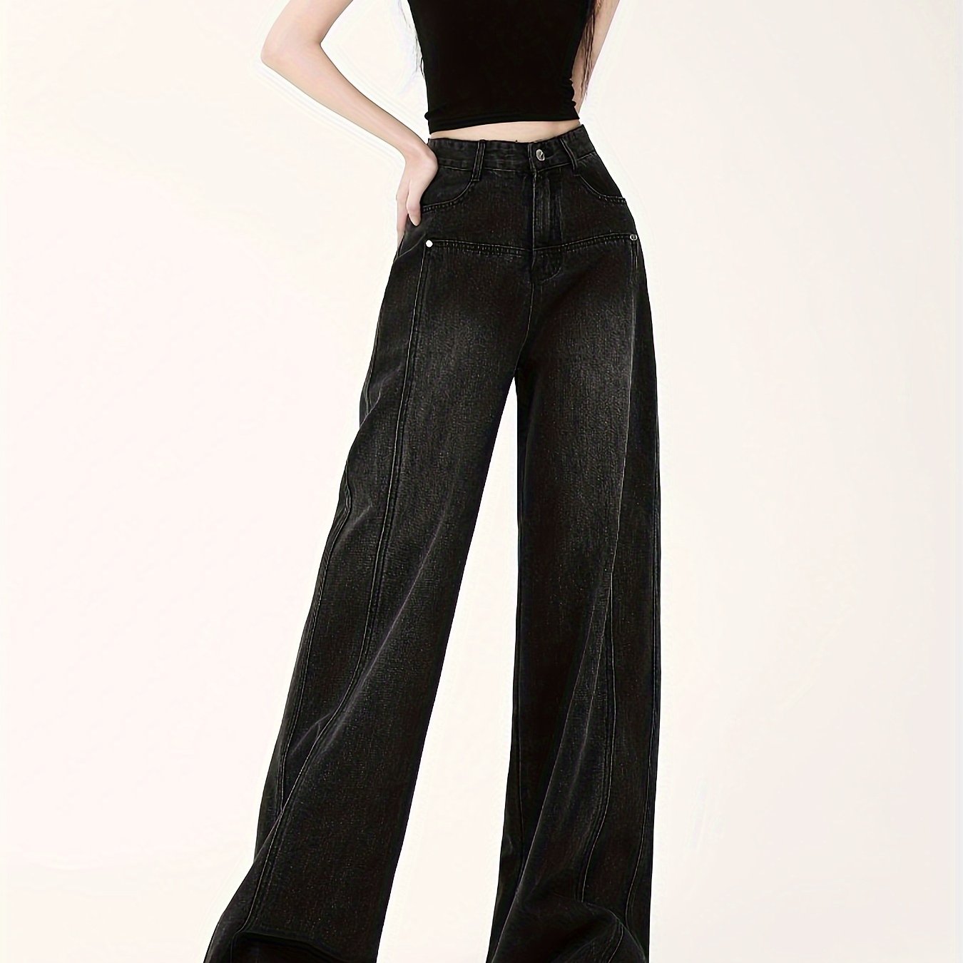 One Women's High-Waisted Wide Leg Jeans in Cotton Blend with Washed Finish, Non-Stretch, Straight Cut, Long Length, All-Season.