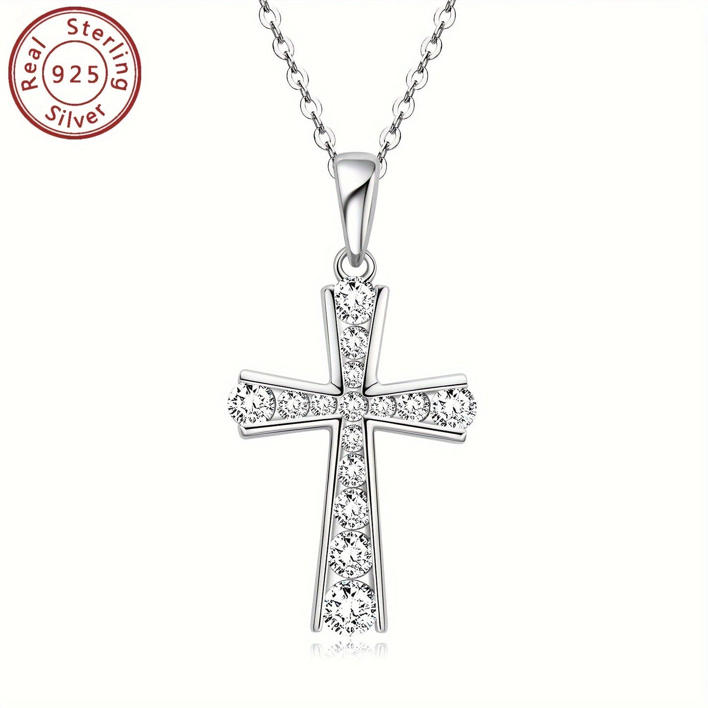 Elegant Sterling Silver Cross Pendant Necklace adorned with Synthetic zirconia Stones - Ideal for Daily Wear and Holiday Celebrations