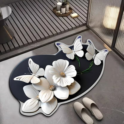 3D flower and butterfly pattern non-slip mat for bathroom, water-absorbent and quick-drying. Hand wash only, made of diatom mud material with rubber backing. Oval shape, machine made with