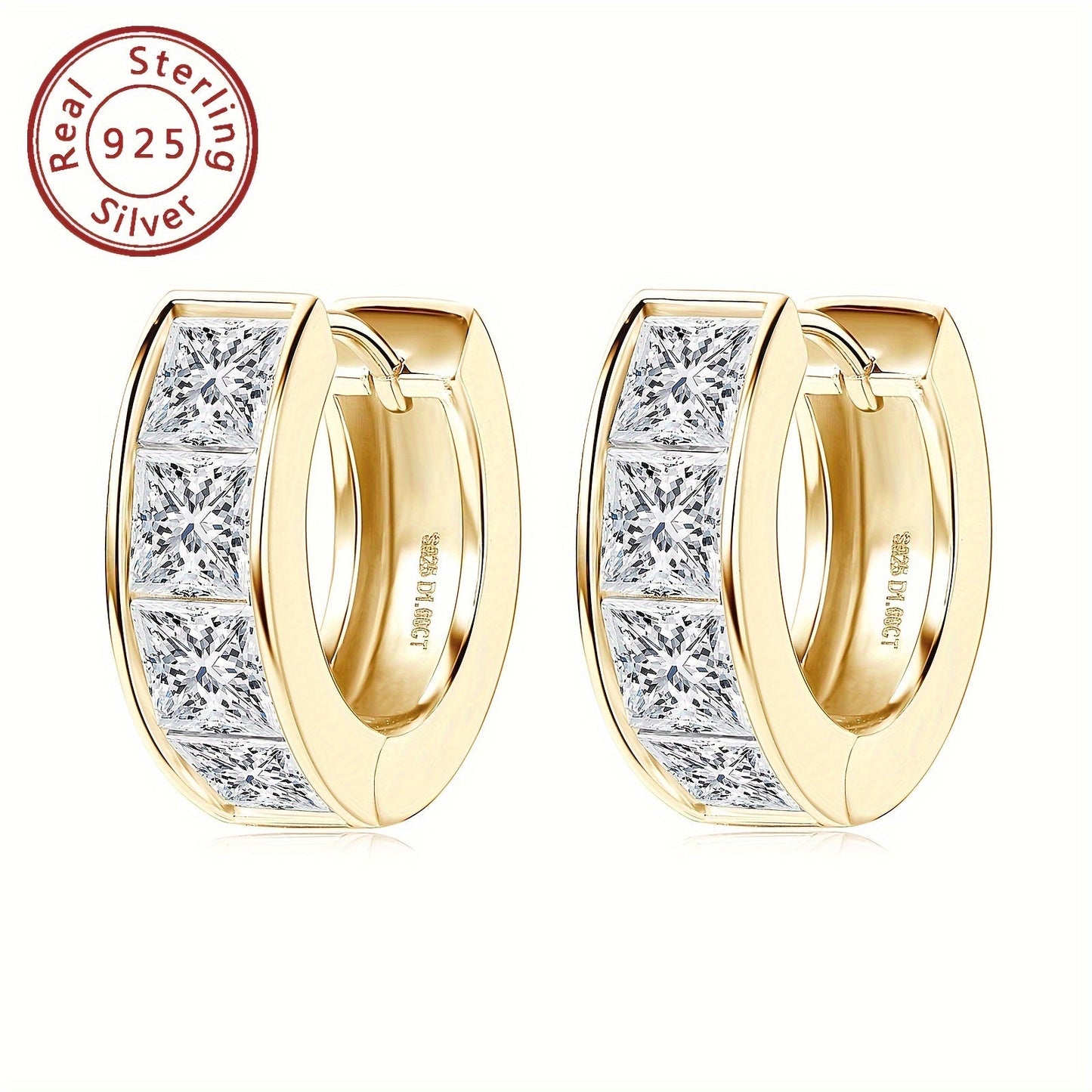 A set of elegant earrings featuring thick Moissanite stones set in 925 silver. These princess square cut earrings showcase an irregular design, creating a unique and eye-catching look. The pure silver earrings are lightweight at 5.5g and feature 8 pieces