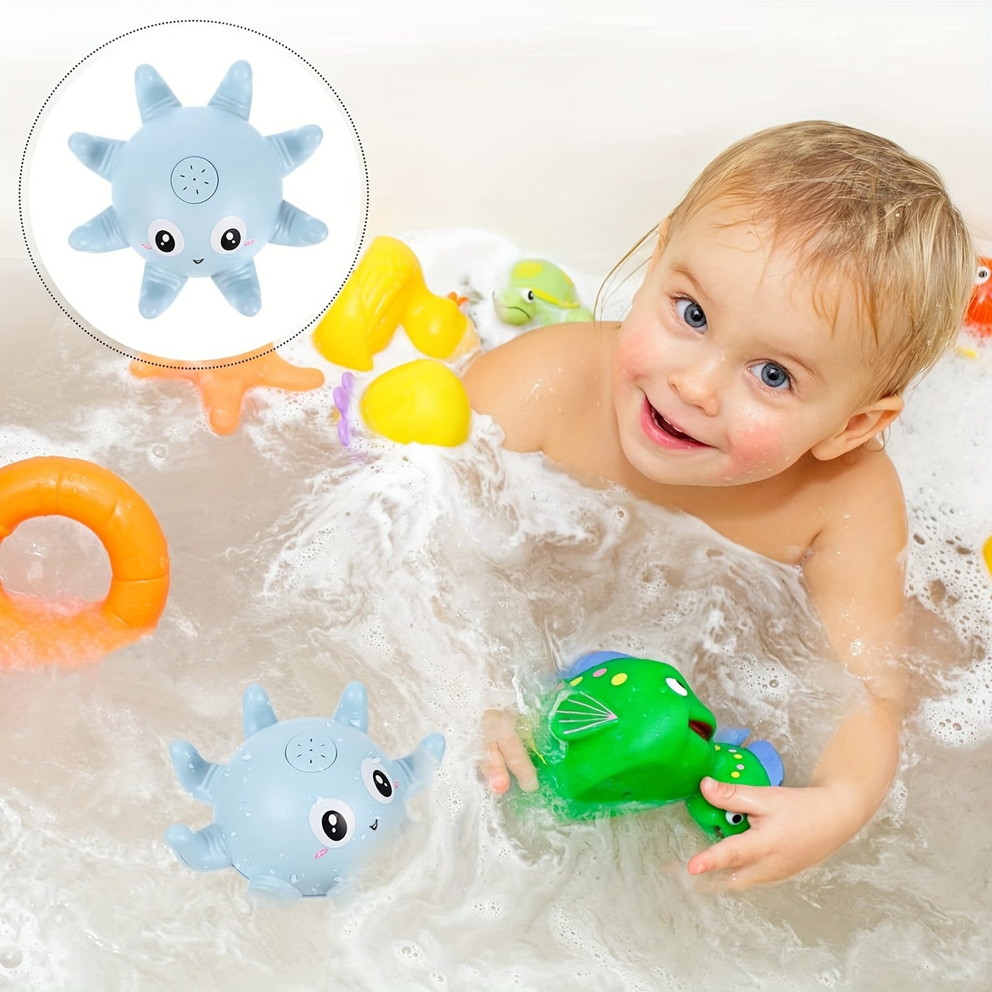 Baby bath toys, sprinkler bathtub toys for interactive fun in the bath. Ideal for use in swimming pools and the bathroom. Light up and spray water for added entertainment.