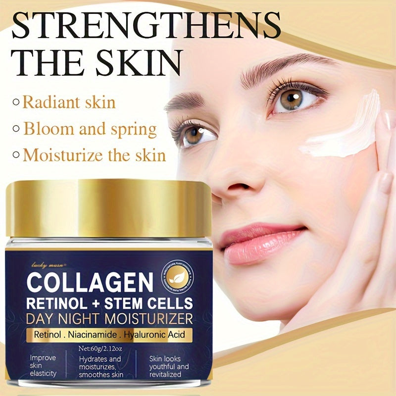 60g LUCKY MUSN Collagen, Retinol & Stem Cell Day & Night Moisturizer hydrates, firms, and is suitable for all skin types with Shea Butter, Niacinamide, and Vitamin E, free from alcohol.