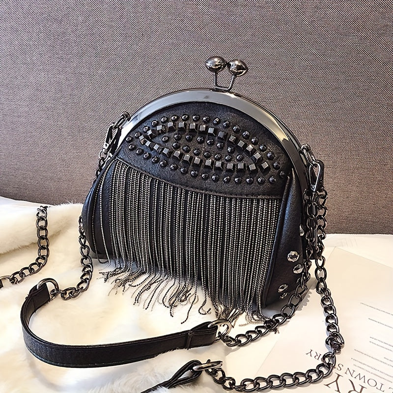 Niche fashionable kiss-lock handbag with rivets and tassel decor for women.