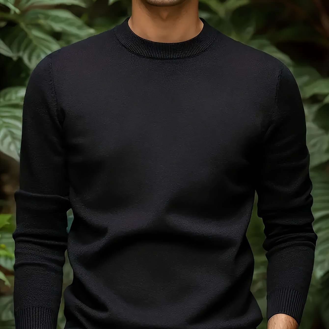 1 Men's casual crew neck sweater made of viscose knit with medium stretch, solid color, regular fit, long sleeve - ideal for autumn and winter.