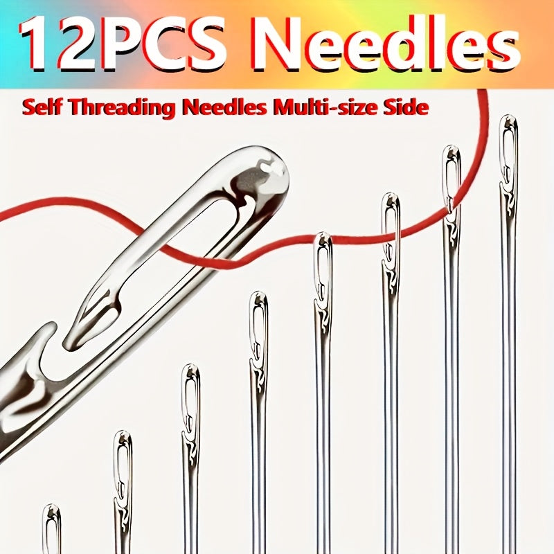 12 stainless steel sewing needles with side holes for easy threading. Ideal for elderly users and DIY projects. Suitable for sewing and crafting.