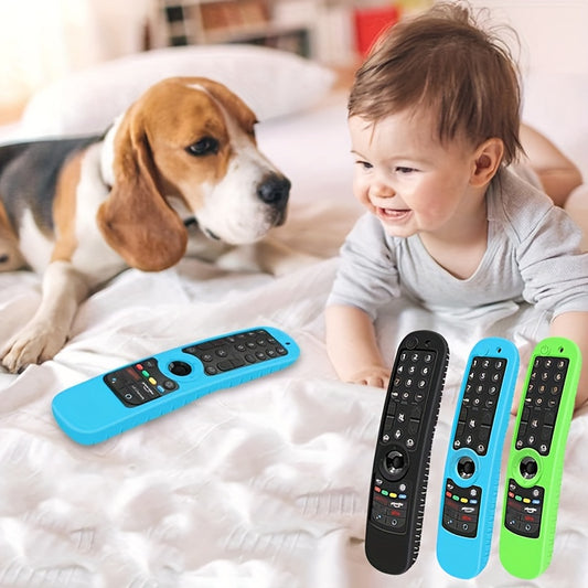 Protective silicone case for LG Magic Remote MR21GA, MR22GA, MR23GA with anti-slip design. Available in black, glow blue, and glow green.