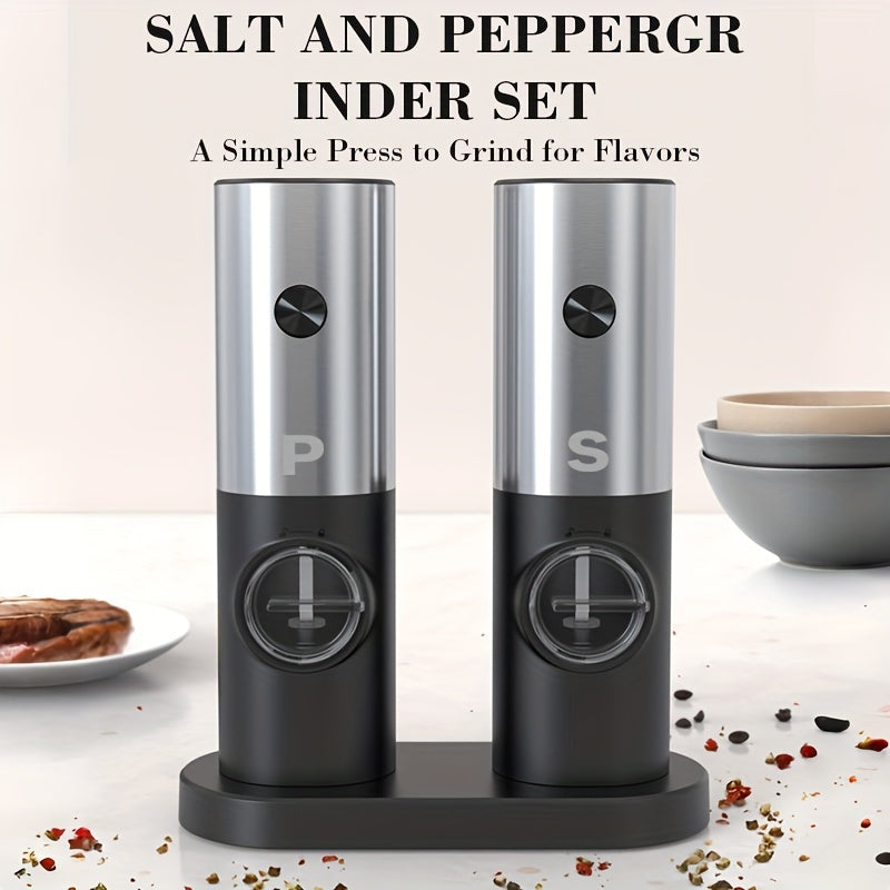 Get your hands on the convenient 2PC Electric Salt And Pepper Grinder Set with a storage base. This battery-powered set features automatic grinding with LED light, adjustable coarseness, and a one-hand one-button start. Made with high-quality ABS