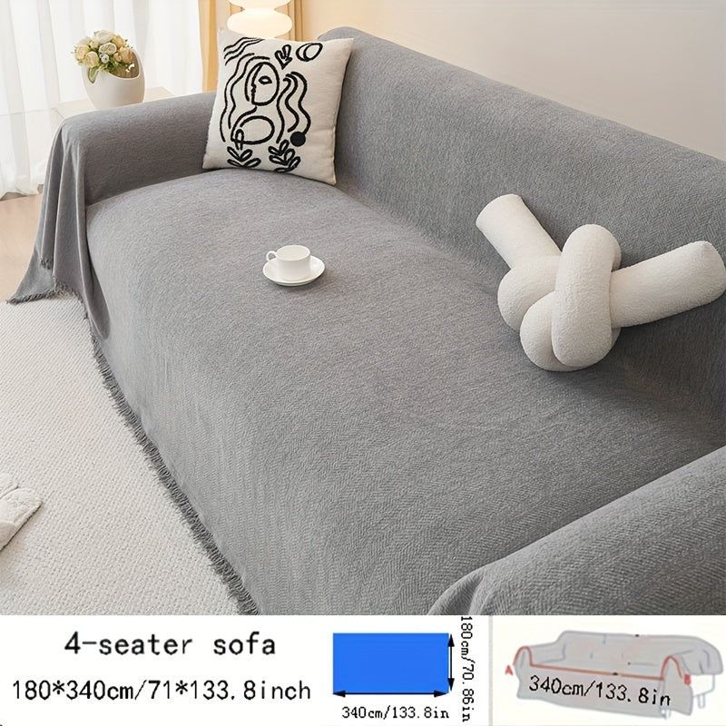 Contemporary chenille sofa throw, waterproof baby fleece cover, universal fit for all-season use. Features tassel embellishment and is machine washable. Made of 100% polyester, suitable for various furniture sizes in different rooms.