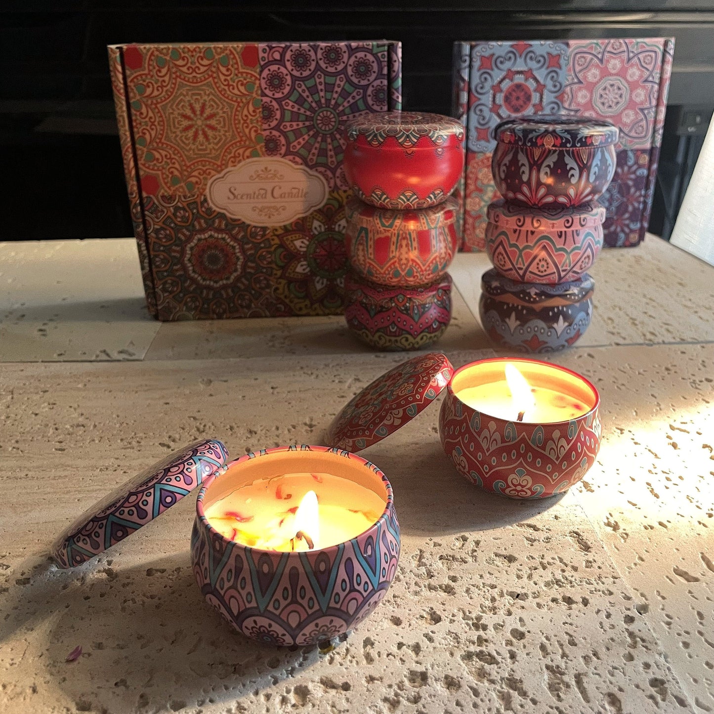 Bohemian Mandala Style Scented Candle Gift Set with Dried Flower Embellishment, Spice Scent, Soy Wax Material for Seasonal Celebrations, Indoor Use, and Holidays.