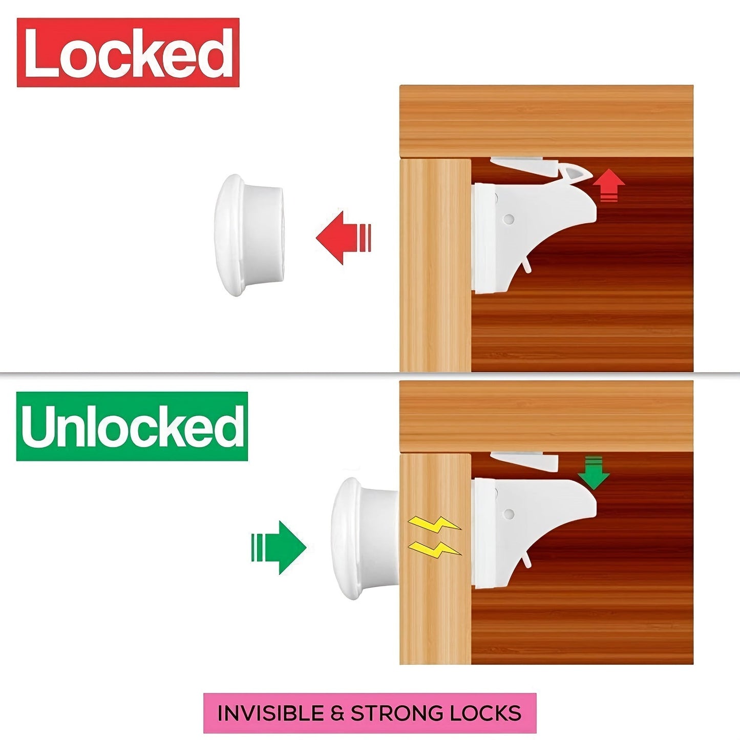 Set of 4 Babyproof Magnetic Cabinet Locks for Child Safety - Simple Adhesive Installation and Key Holders Included