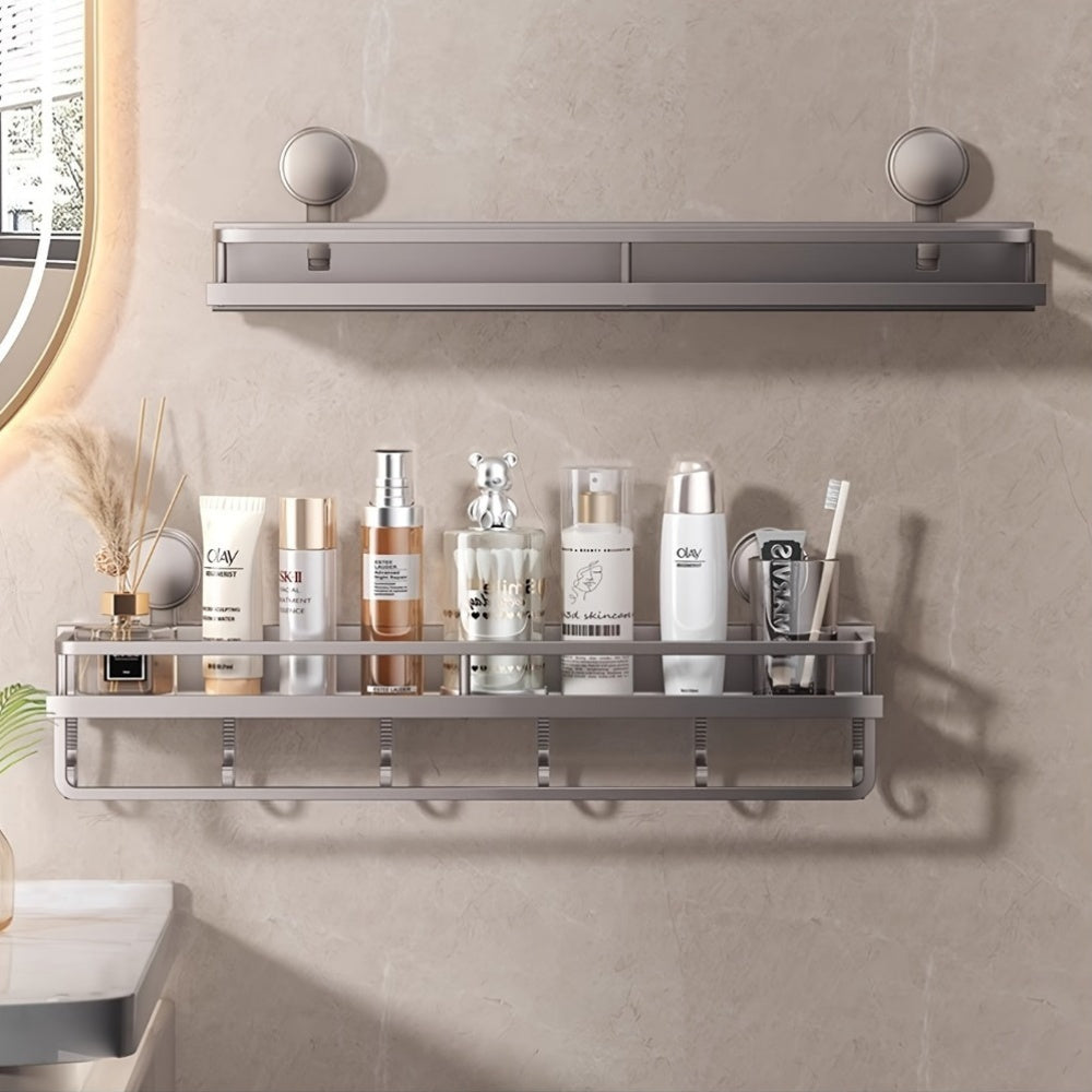 Rustproof wall mount shower caddy with towel hooks, suction cups, and floating shelf for bathroom organization.