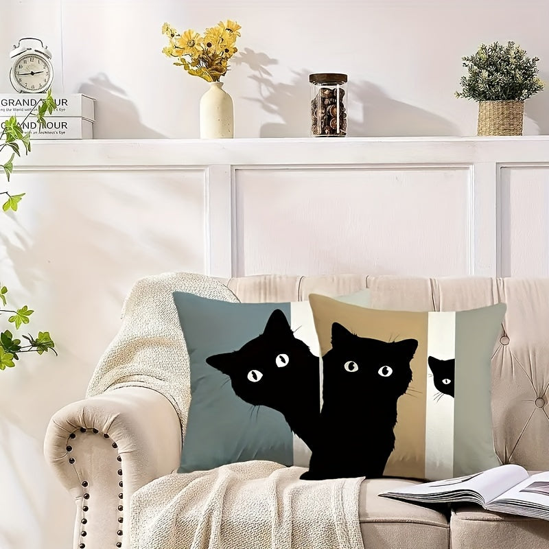 Contemporary Black Cat Design Double-Sided Throw Pillow Cover, 44.96x44.96cm, Abstract Modern Farmhouse Decorative Cushion Case with Zipper Closure for Couch, Patio, Living Room. Machine Washable - Made of 100% Polyester, Insert Not Included.