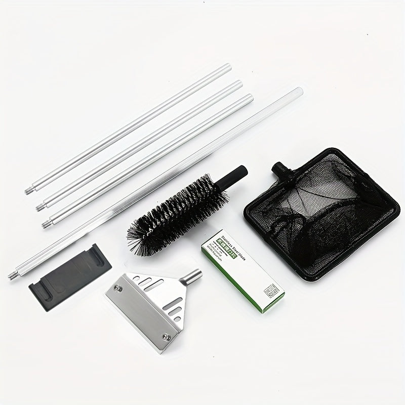 Algae scraper set for glass aquariums includes brush and net, made of durable stainless steel/aluminum alloy in various sizes.