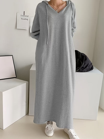 Plus Size Solid Drawstring Hooded Maxi Dress for Fall & Winter