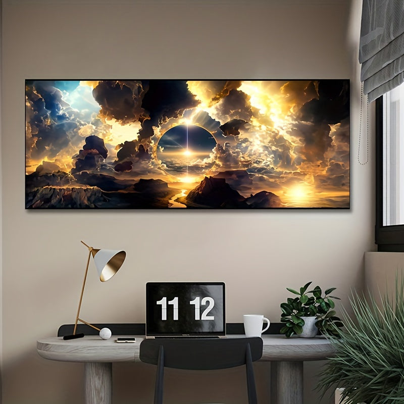 Stunning modern art canvas print featuring a dramatic sky, white clouds, and mountain landscape. Frameless oil painting for living room, bedroom, or home office decor. Abstract nature-inspired wall art.