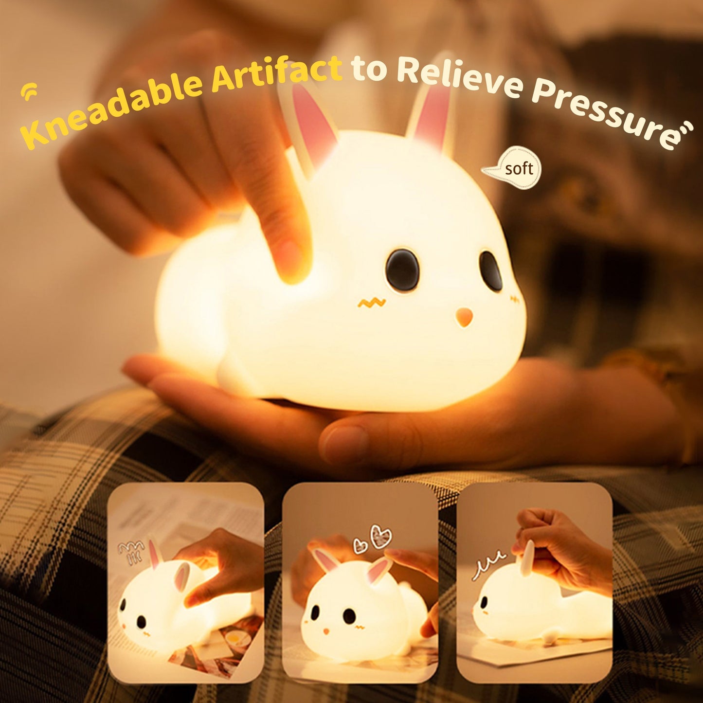 Adorable rabbit-shaped night light for bedroom, rechargeable and portable.