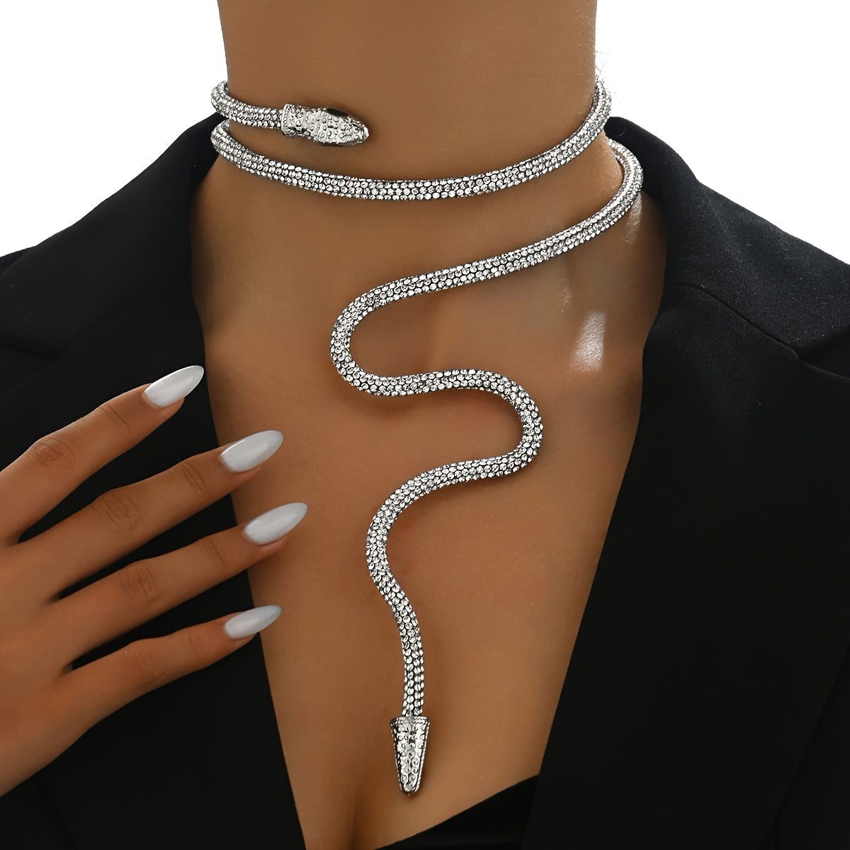 Shiny Rhinestone Serpentine Choker Necklace - Plating-Free, Bendable Plastic, Sparkling Rhinestone Design, Stylish Accessory for Any Occasion